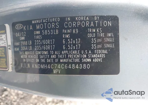 2012 Kia Sedona Ex z USA, uszkodzony, nr VIN KNDMH4C74C6484380
